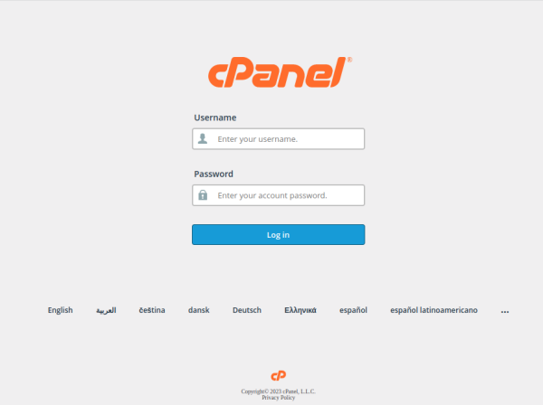 Default cPanel login page appearance. Note that some hosting providers may modify this look.