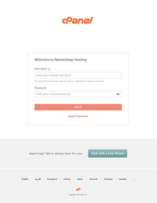 cPanel login page for Namecheap